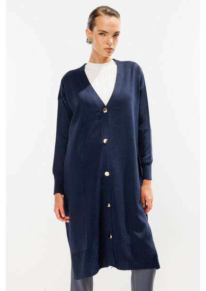 Düğmeli Uzun Triko Hırka-LACI