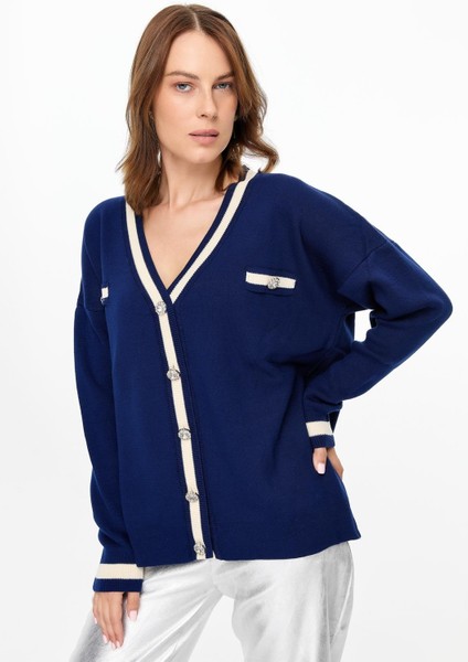 Biyeli Taşlı Düğmeli Triko Hırka-LACI fırsatları