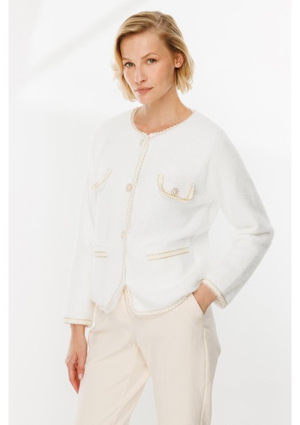 Cep Detaylı Triko Hırka-EKRU