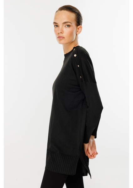 Omuzları Düğmeli Triko Tunik-SİYAH