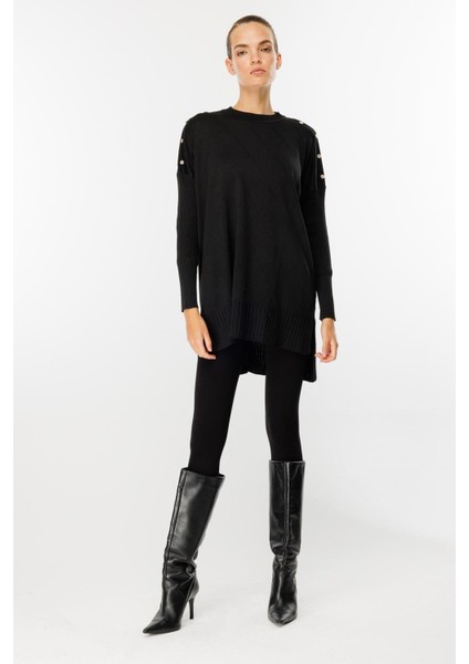 Omuzları Düğmeli Triko Tunik-SİYAH fiyatları