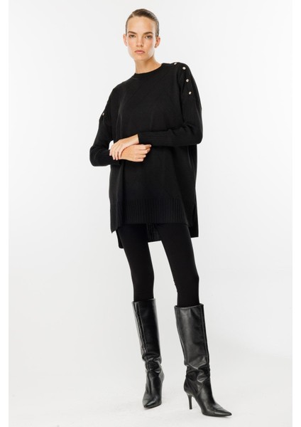 Omuzları Düğmeli Triko Tunik-SİYAH fırsatları