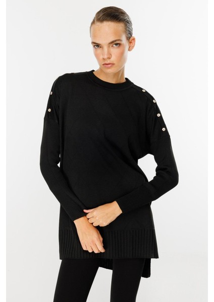 Omuzları Düğmeli Triko Tunik-SİYAH indirimleri