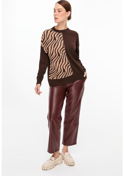 Zebra Kombin Desenli Triko Kazak-KAHVE