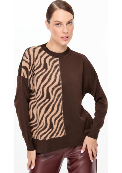 Zebra Kombin Desenli Triko Kazak-KAHVE modelleri