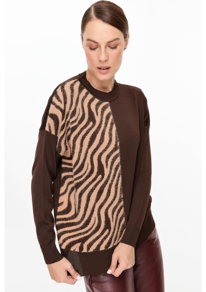 Zebra Kombin Desenli Triko Kazak-KAHVE indirimleri