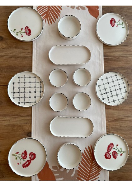 6 Kişilik 14 Parça Gelincik Poppy Flower Desenli Kahvaltı Takımı - Lüx Kahvaltılık Sunum Seti Tabağı