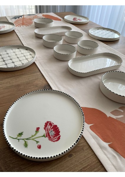 6 Kişilik 14 Parça Gelincik Poppy Flower Desenli Kahvaltı Takımı - Lüx Kahvaltılık Sunum Seti Tabağı