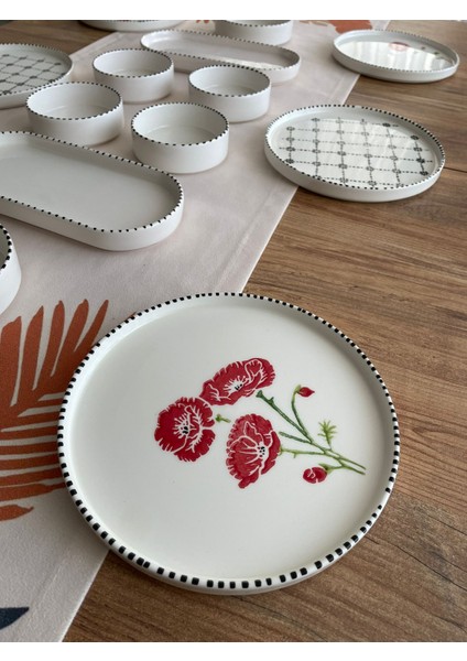 6 Kişilik 14 Parça Gelincik Poppy Flower Desenli Kahvaltı Takımı - Lüx Kahvaltılık Sunum Seti Tabağı