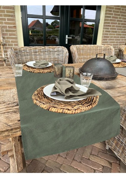 Haki Yeşil Özel Sınıf Keten, Organik, Pamuklu, Servis Örtüsü - Runner