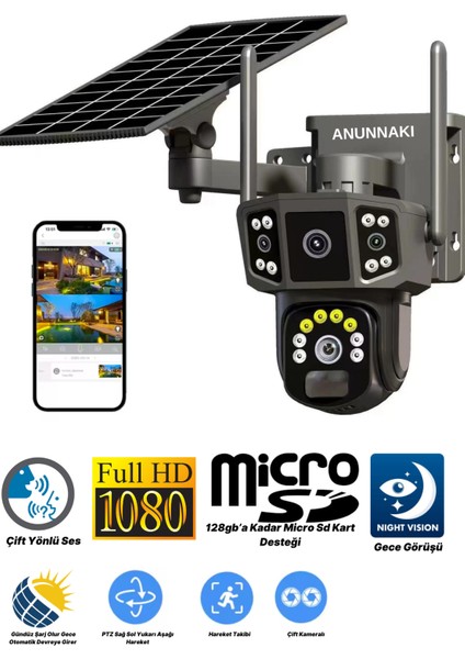 Solar Kamera Güneş Enerjili 1080P Full Hd Çift Kameralı Extra LED Alarm Ses Akıllı Güvenlik Kamerası