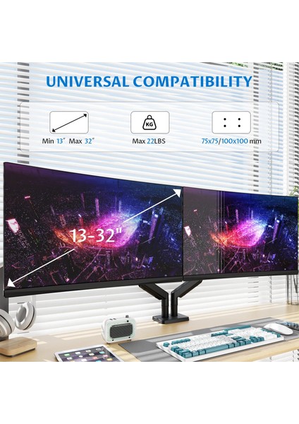 Ergoflex EF252D 13-32 Inch Amortisörlü Çift Kol Profosyonel Monitör Standı