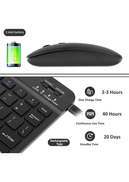 Amazon Fire 7 7" Uyumlu Kablosuz Bluetooth Şarj Edilebilir Klavye Mouse Seti - Siyah