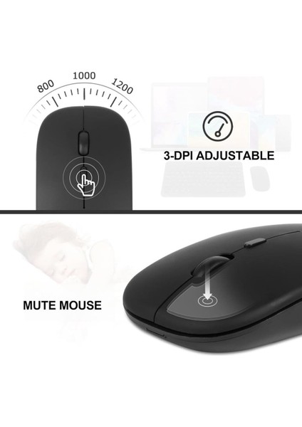Amazon Fire 7 7" Uyumlu Kablosuz Bluetooth Şarj Edilebilir Klavye Mouse Seti - Siyah