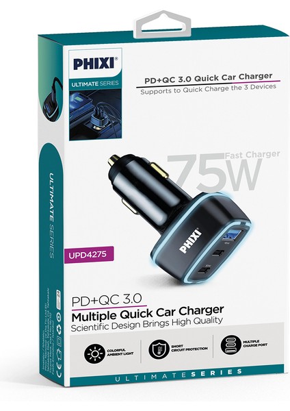 Oto Çakmaklık Şarjı Süper Hızlı 75W Üç Çıkışlı Pd Araç Şarj Başlığı
