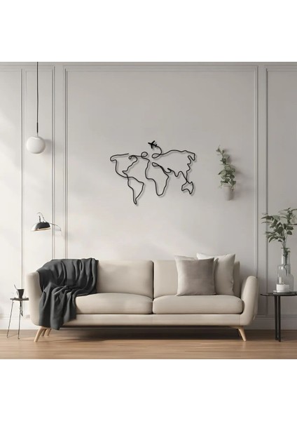 Metal Duvar Dekorasyonu Dünya Haritası Uçaklı (World Map With Plane) Metal Duvar Tablosu Harita