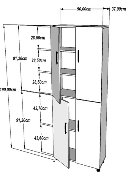 Çok Amaçlı Mutfak Dolabı 4 Kapaklı 5 Raflı