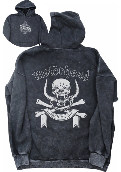 Unisex Motörhead Sırt Baskılı Kapüşonlu Yıkamalı Sweatshirt, Oversize Rock Band Baskılı Hoodie