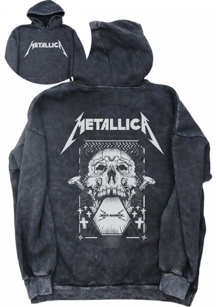 Unisex Metallica Death Magnetic Sırt Baskılı Kapüşonlu Yıkamalı Sweatshirt, Oversize Rock Hoodie