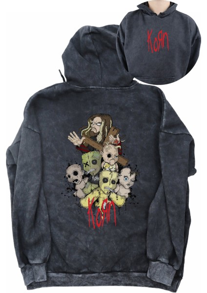 Unisex Korn Rock Band Sırt Baskılı Kapüşonlu Yıkamalı Sweatshirt, Oversize Baskılı Eskitme Hoodie