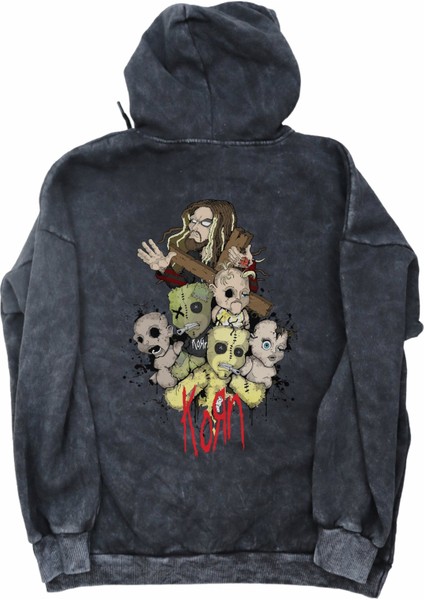 Unisex Korn Rock Band Sırt Baskılı Kapüşonlu Yıkamalı Sweatshirt, Oversize Baskılı Eskitme Hoodie modelleri