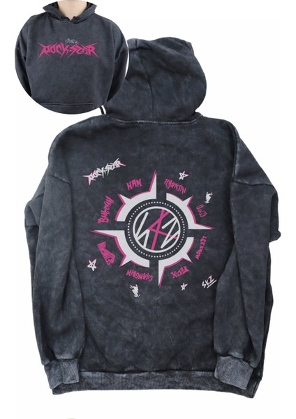 Unisex Rockstar Albüm Sırt Baskılı Kapüşonlu Yıkamalı Sweatshirt, Oversize Stray Kids Baskı Hoodie