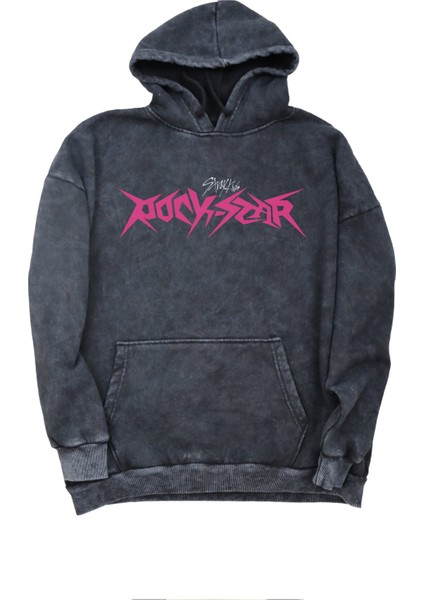 Unisex Rockstar Albüm Sırt Baskılı Kapüşonlu Yıkamalı Sweatshirt, Oversize Stray Kids Baskı Hoodie fiyatları