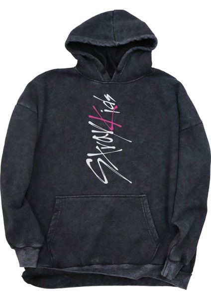 Unisex Stray Kids Yazılı Kapüşonlu Yıkamalı Sweatshirt, Oversize K Pop Stray Baskılı Retro Hoodie