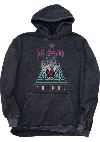 Unisex Def Leppard Yazılı Kapüşonlu Yıkamalı Sweatshirt, Oversize Rock Band Baskılı Retro Hoodie