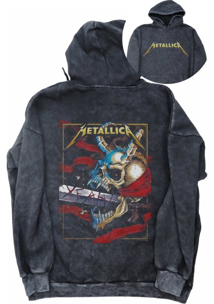 Unisex Kılıç Metallica Sırt Baskılı Kapüşonlu Yıkamalı Sweatshirt,oversize Rock Band Baskılı Hoodie