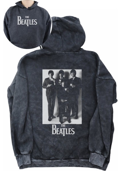 Unisex The Beatles Sırt Baskılı Kapüşonlu Yıkamalı Sweatshirt, Oversize Rock Band Baskılı Hoodie