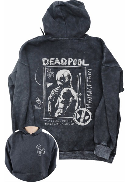 Unisex Deadpool Funny Sırt Baskılı Kapüşonlu Yıkamalı Sweatshirt, Oversize Deadpool Baskılı Hoodie