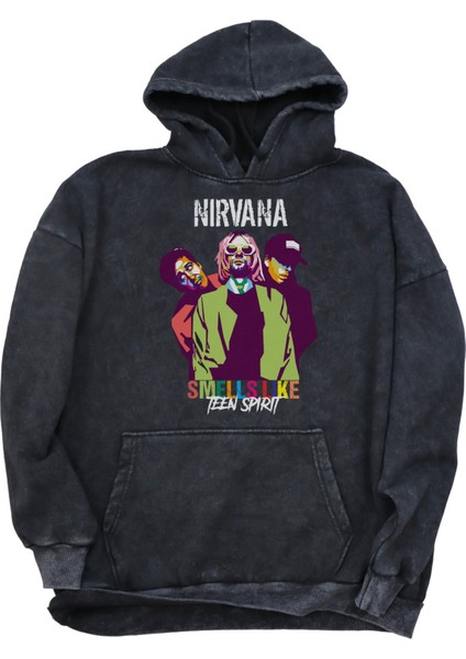 Unisex Nirvana Yazılı Kapüşonlu Yıkamalı Sweatshirt, Oversize Rock Band Baskılı Vintage Hoodie