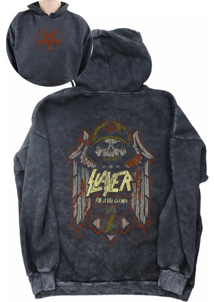Unisex Slayer Rock Band Sırt Baskılı Kapüşonlu Yıkamalı Sweatshirt, Oversize Baskılı Retro Hoodie