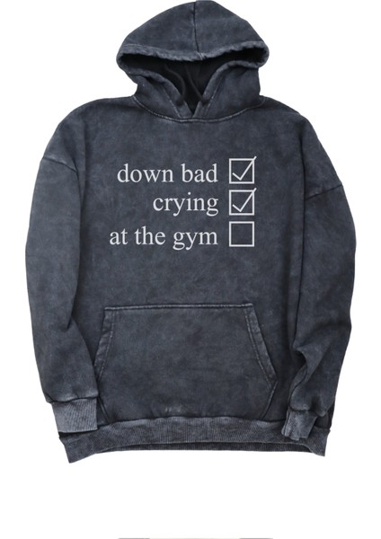 Unisex At The Gym Yazılı Kapüşonlu Yıkamalı Sweatshirt, Oversize Gym Baskılı Vinage Hoodie