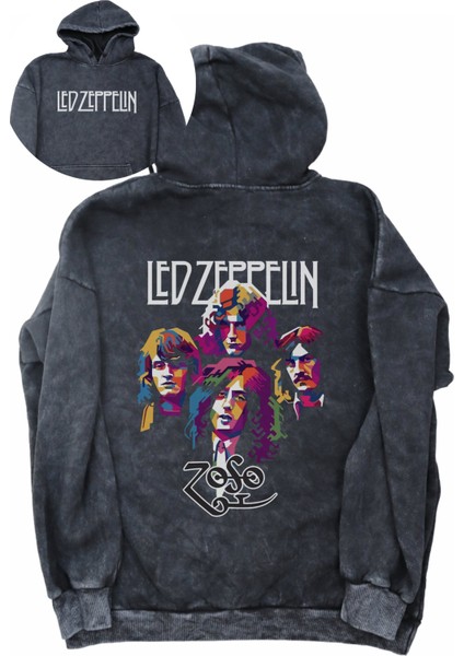 Unisex LED Zeppelin Sırt Baskılı Kapüşonlu Yıkamalı Sweatshirt, Oversize Rock Band Baskılı Hoodie