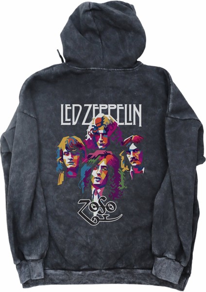 Unisex LED Zeppelin Sırt Baskılı Kapüşonlu Yıkamalı Sweatshirt, Oversize Rock Band Baskılı Hoodie modelleri