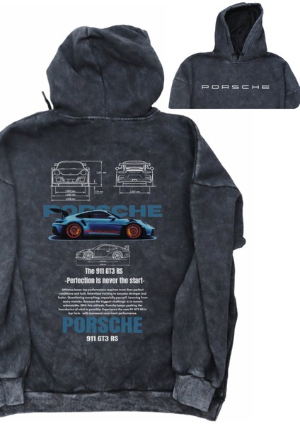 Unisex Mavi Porssche Sırt Baskılı Kapüşonlu Yıkamalı Sweatshirt, Oversize Araba Temalı Retro Hoodie
