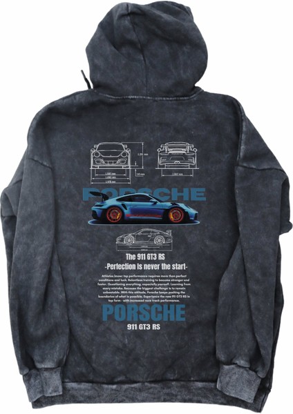 Unisex Mavi Porssche Sırt Baskılı Kapüşonlu Yıkamalı Sweatshirt, Oversize Araba Temalı Retro Hoodie modelleri