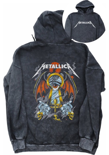 Unisex Rock Band Sırt Baskılı Kapüşonlu Yıkamalı Sweatshirt, Oversize Metallica Baskılı Hoodie