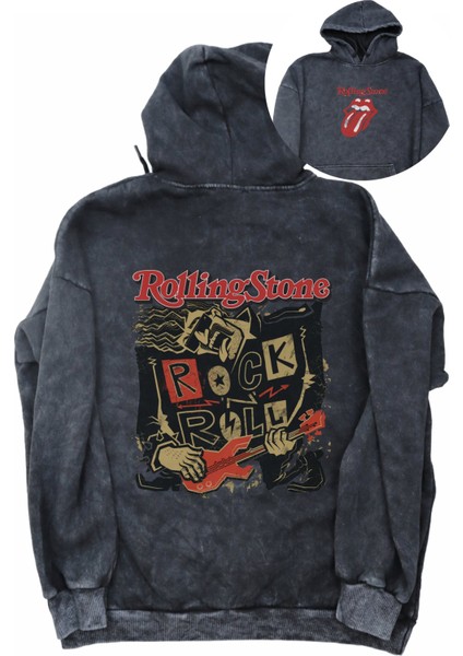 Unisex Rolling Stone Sırt Baskılı Kapüşonlu Yıkamalı Sweatshirt, Oversize Rock Band Baskılı Hoodie