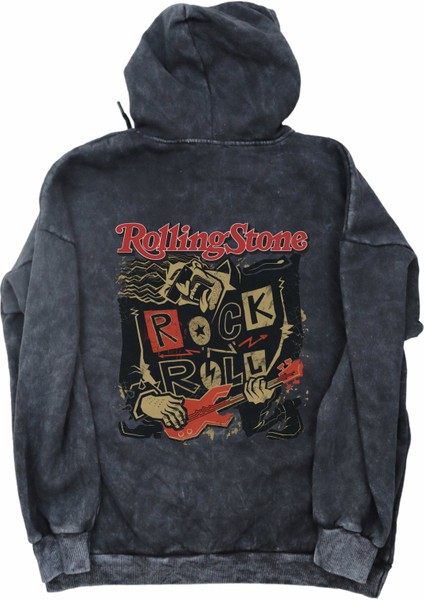 Unisex Rolling Stone Sırt Baskılı Kapüşonlu Yıkamalı Sweatshirt, Oversize Rock Band Baskılı Hoodie modelleri