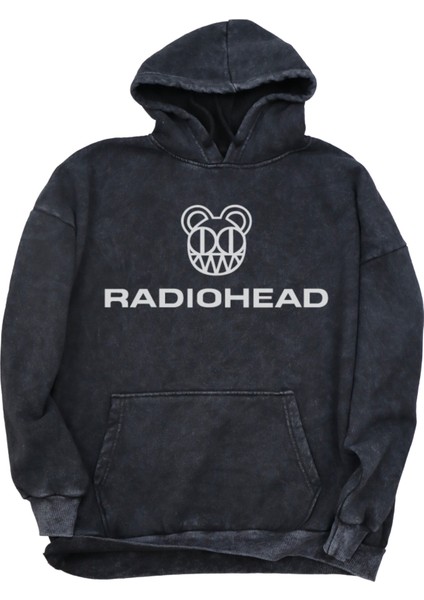 Unisex Radiohead Yazılı Kapüşonlu Yıkamalı Sweatshirt, Oversize Rock Band Baskılı Vintage Hoodie