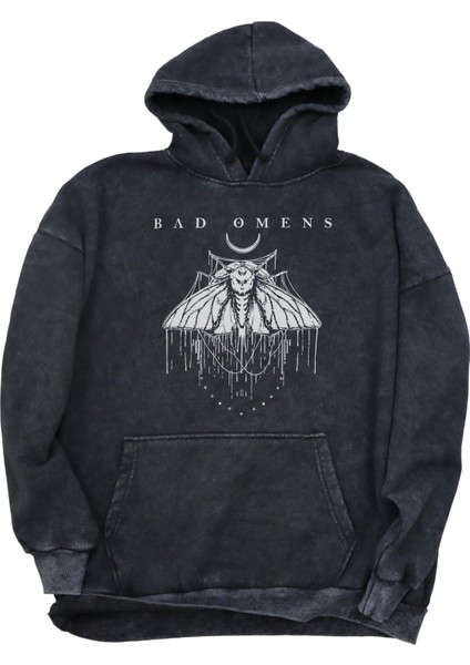 Unisex Bad Omens Yazılı Kapüşonlu Yıkamalı Sweatshirt, Oversize Rock Band Baskılı Eskitme Hoodie