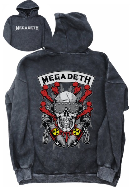 Unisex Megadeth Rock Sırt Baskılı Kapüşonlu Yıkamalı Sweatshirt, Oversize Rock Band Vintage Hoodie