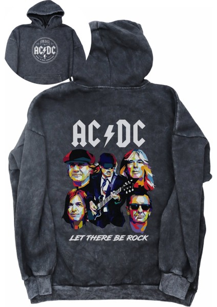 Unisex Ac Dc Let There Be Rock Sırt Baskılı Kapüşonlu Yıkamalı Sweatshirt, Oversize Eskitme Hoodie