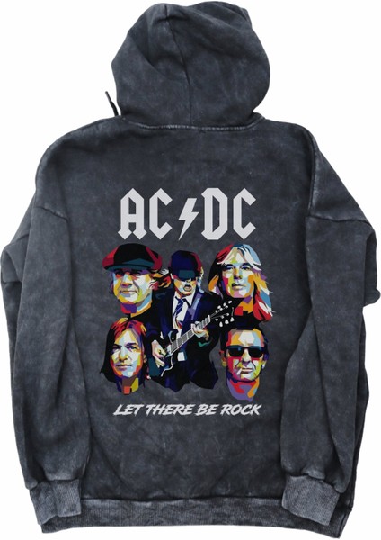 Unisex Ac Dc Let There Be Rock Sırt Baskılı Kapüşonlu Yıkamalı Sweatshirt, Oversize Eskitme Hoodie modelleri