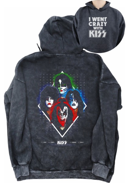 Unisex Kiss Rock Band Sırt Baskılı Kapüşonlu Yıkamalı Sweatshirt, Oversize Baskılı Vintage Hoodie