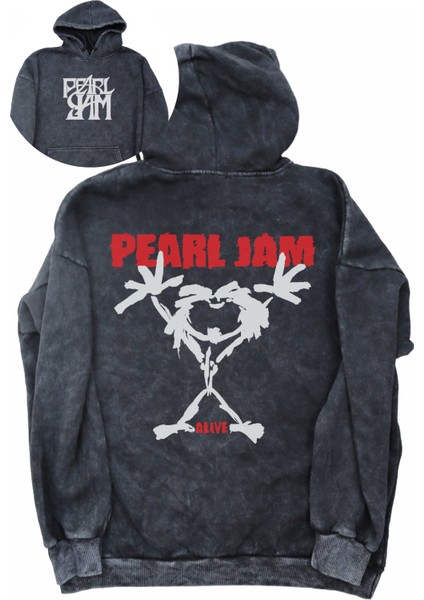 Unisex Pearl Jam Sırt Baskılı Kapüşonlu Yıkamalı Sweatshirt, Oversize Rock Band Retro Hoodie