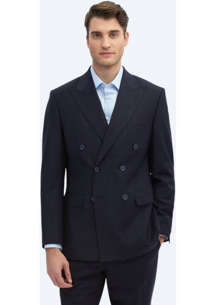 Lacivert Düz Modern Fit Yün Karışımlı Takım Elbise